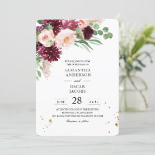 Trendy Watercolor Burgundy Blush Pink Floral  Invitation