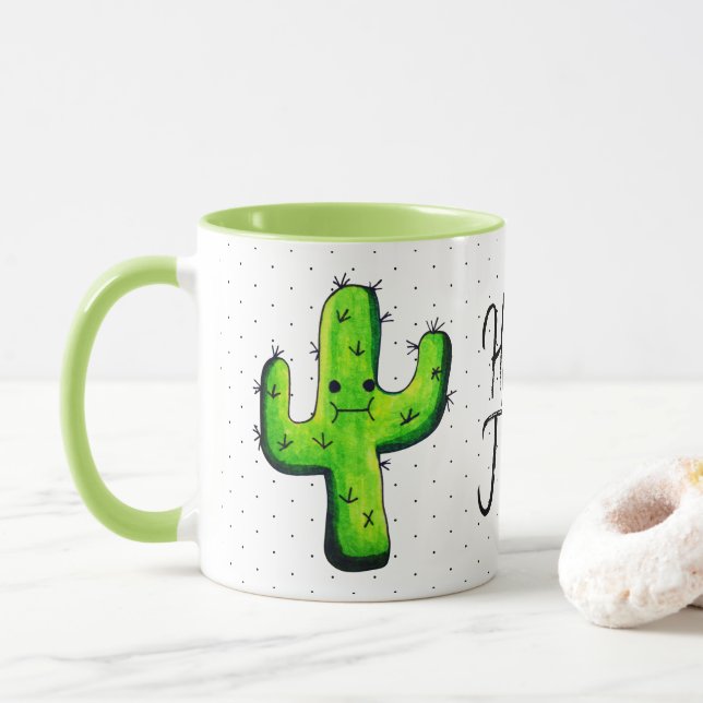 Trendy Watercolor Cactus & Black Dots Hello There Mug (With Donut)