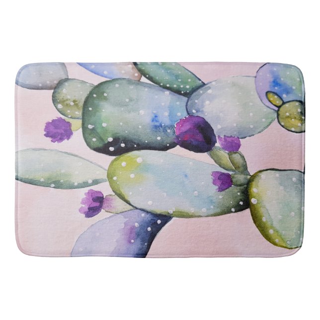 Trendy Watercolor Cactus & Purple Cactus Blossoms Bath Mat (Front)