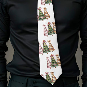 Trendy watercolor Christmas trees green gold tie