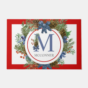 Trendy watercolor dusty blue christmas ball pine d doormat