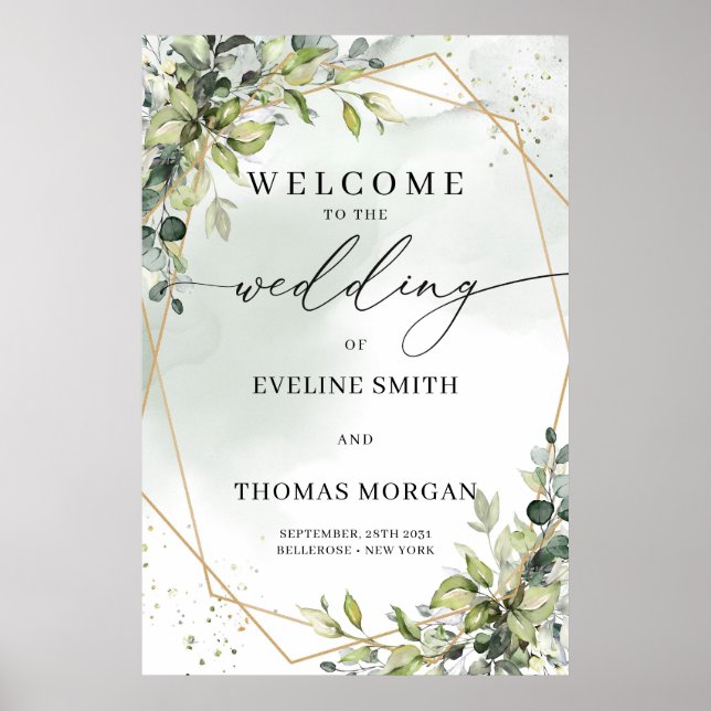 Trendy watercolor eucalyptus gold wedding welcome poster (Front)