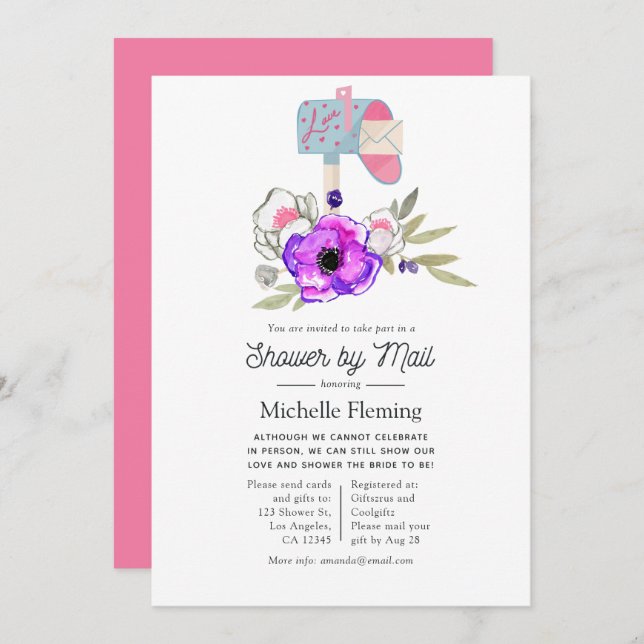Trendy Watercolor Floral Bridal Shower by Mail Invitation (Front/Back)