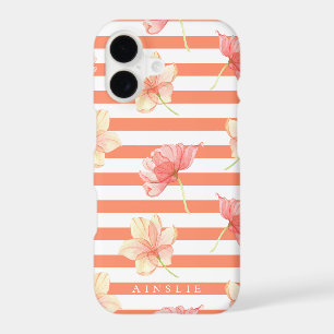 Trendy Watercolor Floral Coral Stripe Pattern