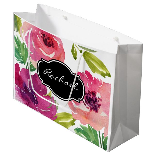 Trendy Watercolor Floral with Name Large Gift Bag (Front Angled)