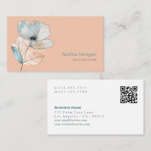 Trendy Watercolor Flower, Name, QR Code, Peach Business Card