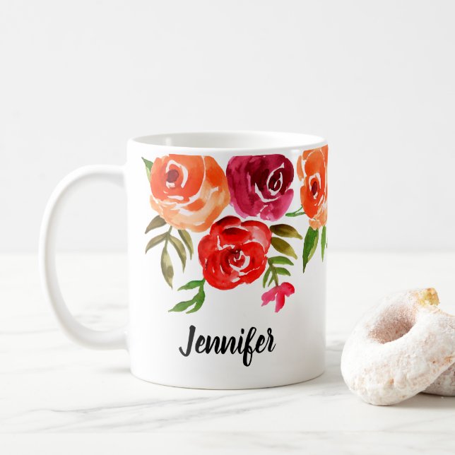Trendy Watercolor Flowers Personalised Coffee Mug (With Donut)