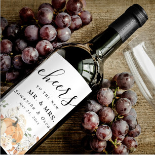 Trendy Watercolor Flowers & Pumpkins Autumn  Wine Label