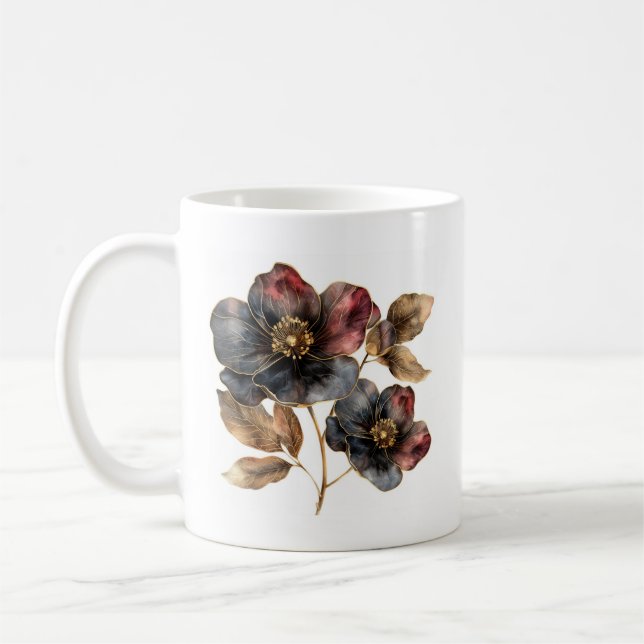 Trendy watercolor gold black and burgundy flowers coffee mug (Left)