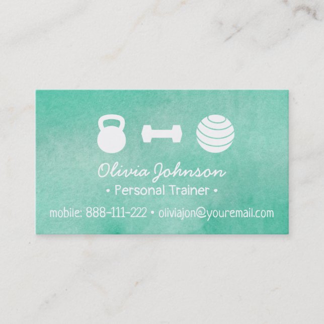 Trendy Watercolor Green Fitness Personal Trainer Business Card (Front)