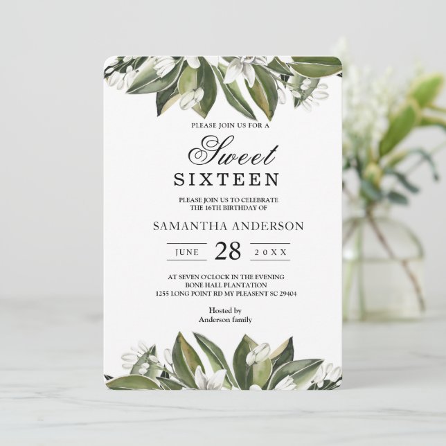Trendy Watercolor Green Leaves & White Flower Invitation (Standing Front)