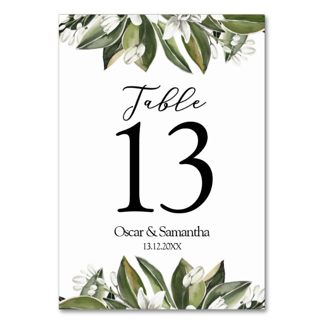 Trendy Watercolor Green Leaves & White Flower Table Number (Front)