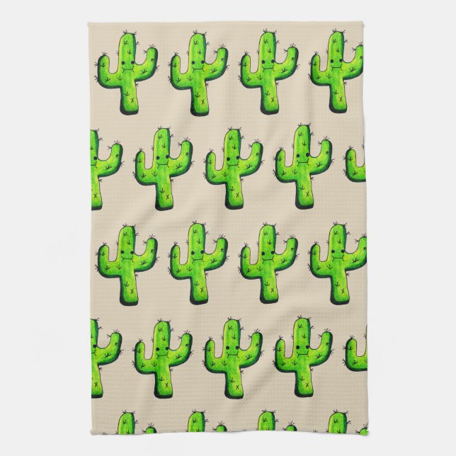 Trendy Watercolor Kawaii Cactus Tea Towel (Vertical)