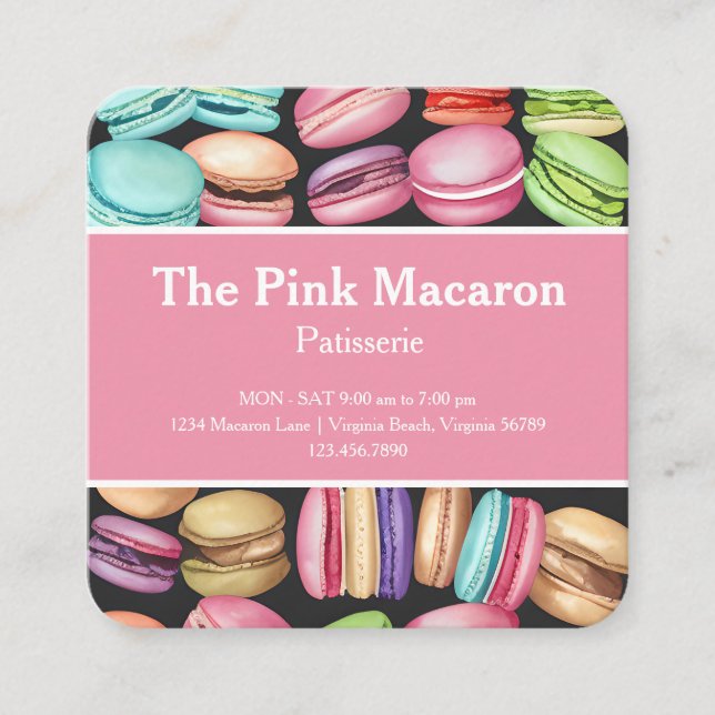 Trendy Watercolor Macaron French Patisserie Bakery Square Business Card (Front)