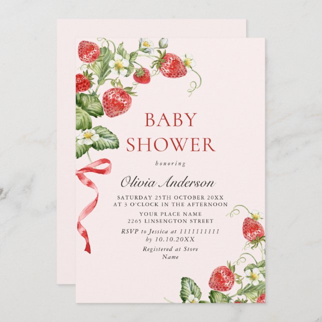 Trendy Watercolor Meadow Strawberry Baby Shower Invitation (Front/Back)