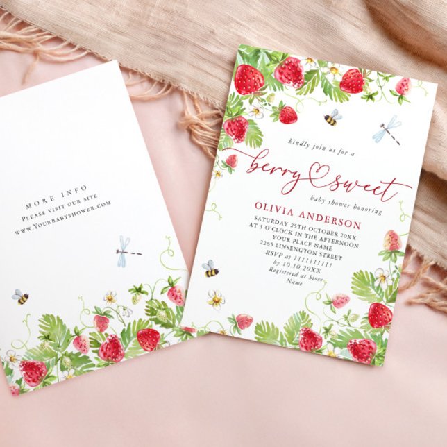 Trendy Watercolor Meadow Strawberry Baby Shower Invitation (Creator Uploaded)