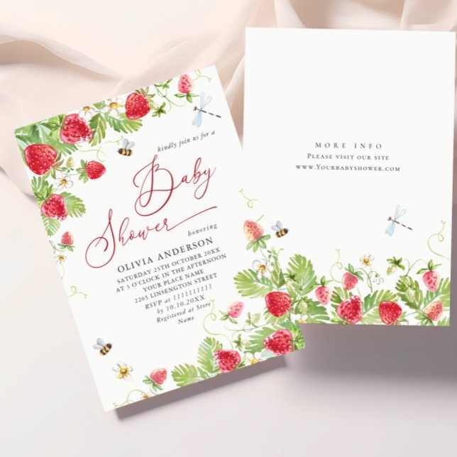 Trendy Watercolor Meadow Strawberry Baby Shower Invitation (Creator Uploaded)