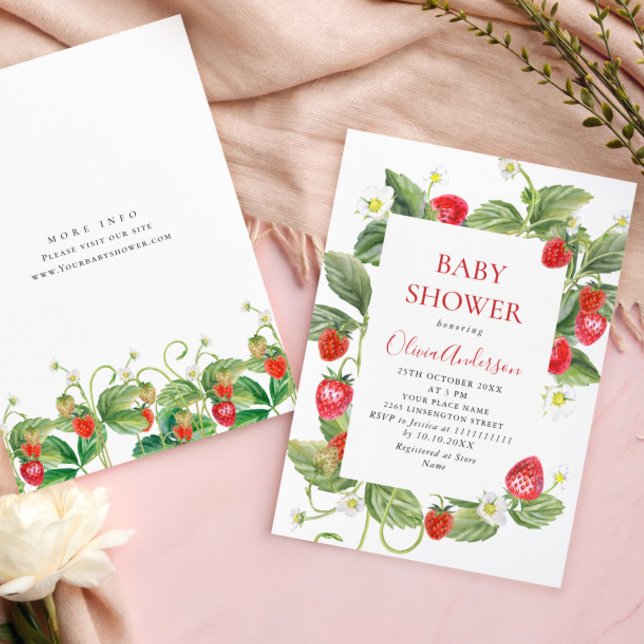 Trendy Watercolor Meadow Strawberry Baby Shower Invitation (Creator Uploaded)
