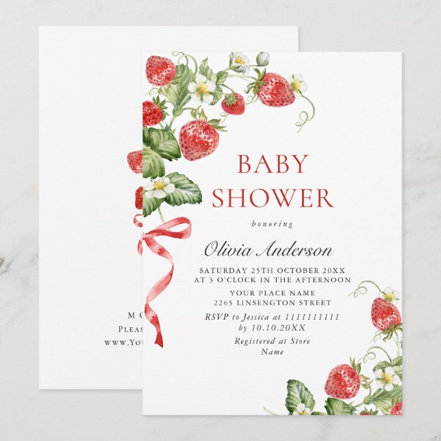 Trendy Watercolor Meadow Strawberry Baby Shower Invitation (Front/Back)