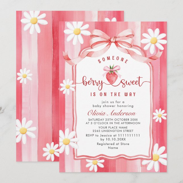 Trendy Watercolor Meadow Strawberry Baby Shower Invitation (Front/Back)