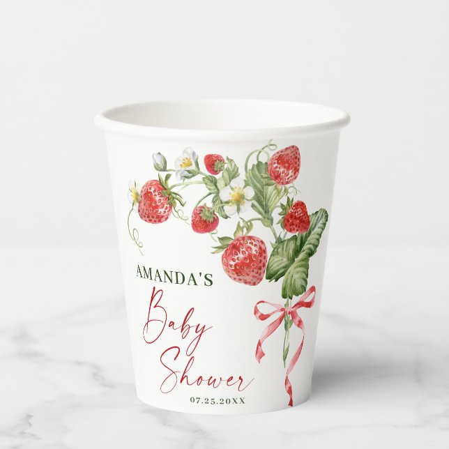 Trendy Watercolor Meadow Strawberry Baby Shower Paper Cups (Front)