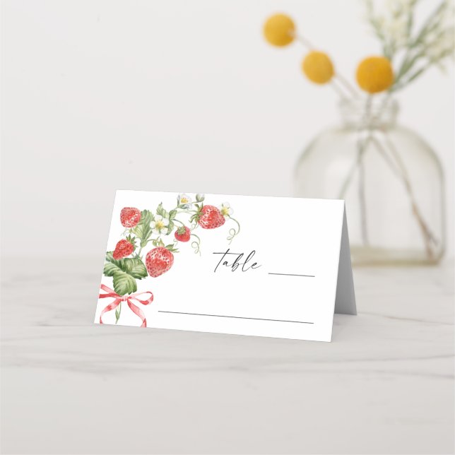Trendy Watercolor Meadow Strawberry Baby Shower Place Card (Front)