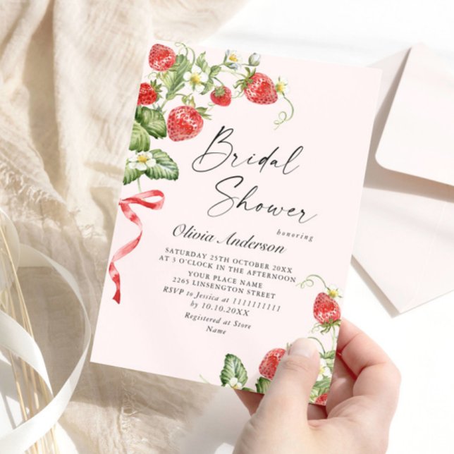Trendy Watercolor Meadow Strawberry Bridal Shower Invitation (Creator Uploaded)