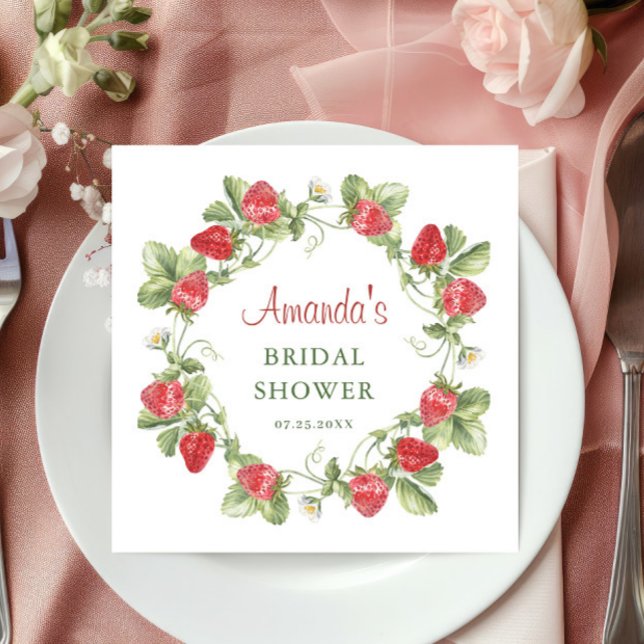 Trendy Watercolor Meadow Strawberry Bridal Shower Napkin (Creator Uploaded)