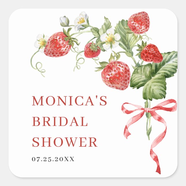 Trendy Watercolor Meadow Strawberry Bridal Shower Square Sticker (Front)