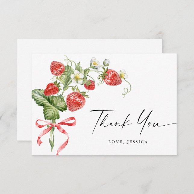 Trendy Watercolor Meadow Strawberry Thank You Card (Front/Back)