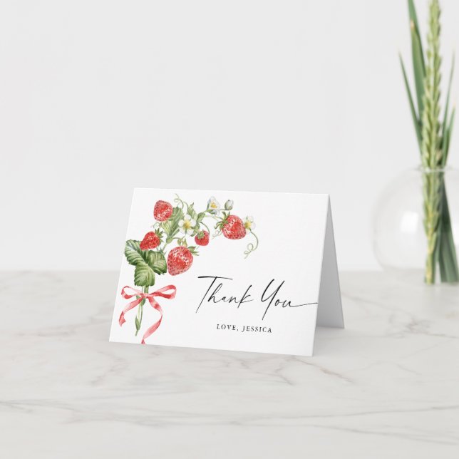 Trendy Watercolor Meadow Strawberry Thank You Card (Front)