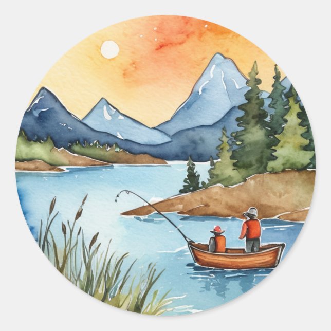 Trendy Watercolor mountain wooden fishing boat     Classic Round Sticker (Front)