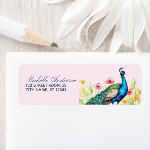 Trendy Watercolor Peacock Flowers Return Address Label