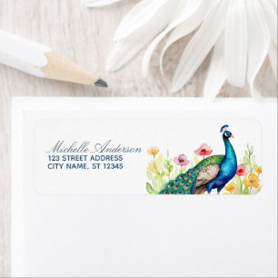 Trendy Watercolor Peacock Flowers Return Address   Return Address Label