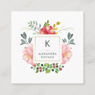 Trendy Watercolor Peony Flowers Monogram Square Business Card