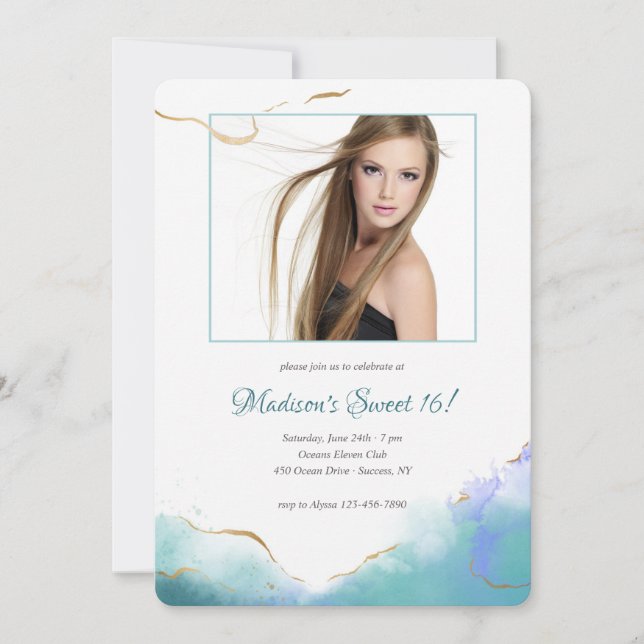 Trendy Watercolor Photo Sweet Sixteen Invitation (Front)