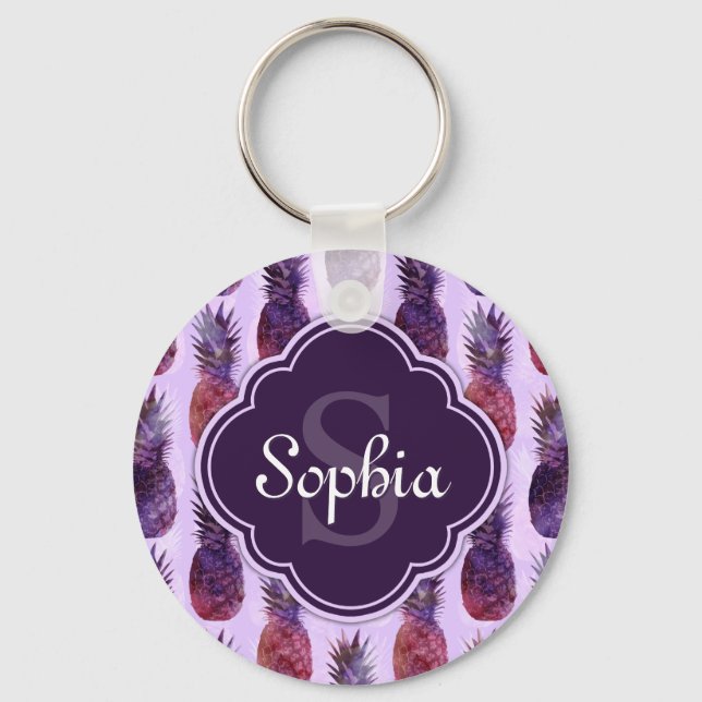 Trendy Watercolor Pineapple Pattern Key Ring (Front)