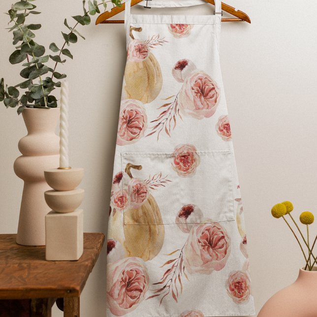 Trendy Watercolor Pumpkin & Flowers | Autumn Fall Apron (Creator Uploaded)
