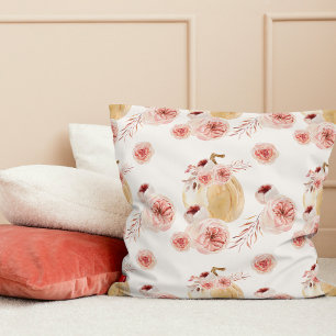 Trendy Watercolor Pumpkin & Flowers   Autumn Fall Cushion