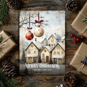 Trendy Watercolor Red White Christmas Scene Card