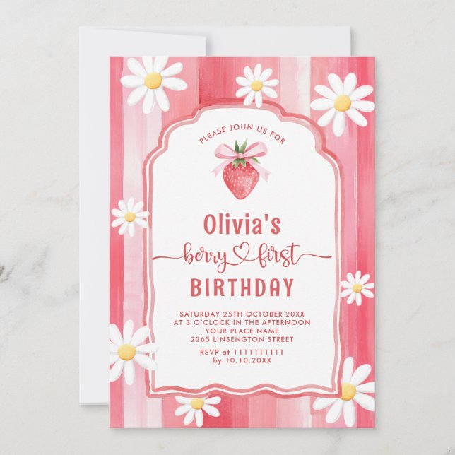 Trendy Watercolor Strawberry Baby First Birthday Invitation (Front)