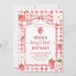 Trendy Watercolor Strawberry Baby First Birthday Invitation