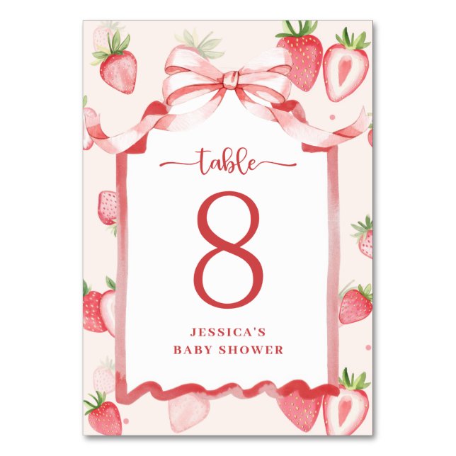 Trendy Watercolor Strawberry Baby Shower Table Number (Front)