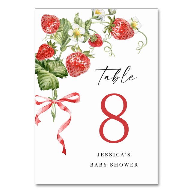 Trendy Watercolor Strawberry Baby Shower Table Number (Front)