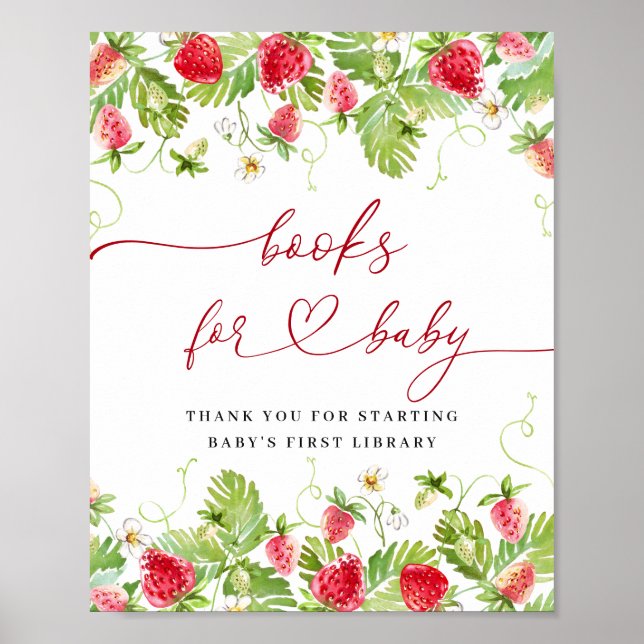 Trendy Watercolor Strawberry Books for Baby Shower Poster (Front)