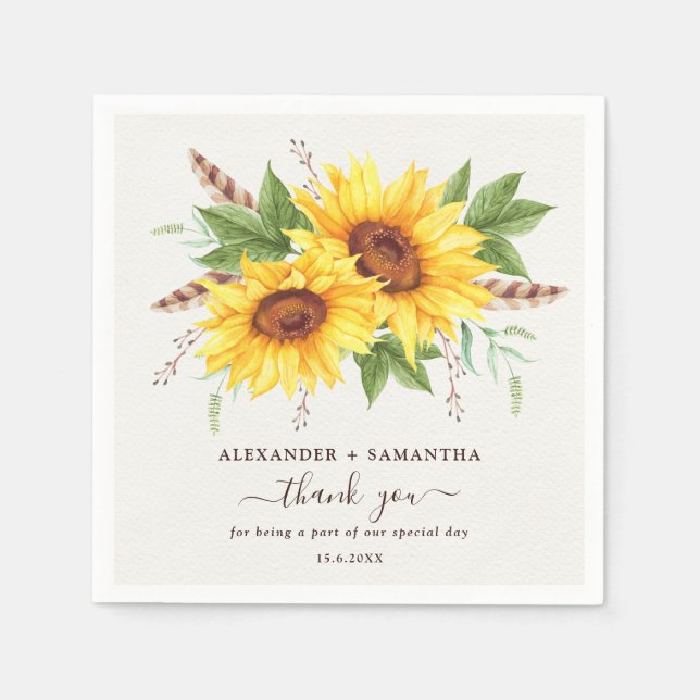 Trendy Watercolor Sunflowers Boho Summer Floral Napkin (Front)