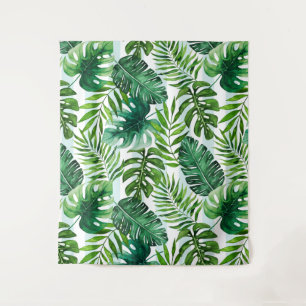 Trendy Watercolor Tropical Monstera & Palm Leaves Tapestry