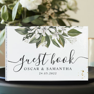 Trendy Watercolor White Flowers & Leaves Guest Book