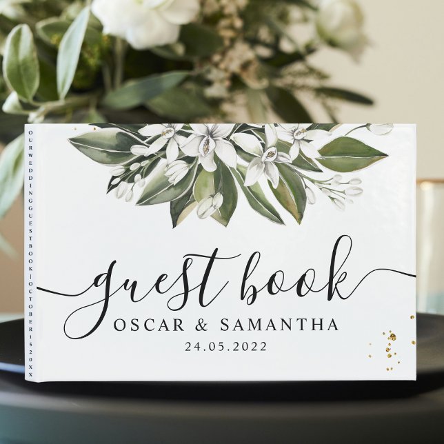 Trendy Watercolor White Flowers & Leaves Guest Book (Creator Uploaded)