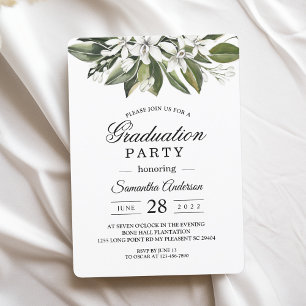 Trendy Watercolor White Flowers & Leaves Invitation